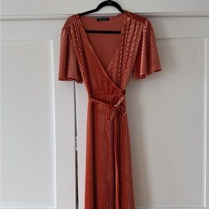 Rust/Copper Velvet Wrap Dress with Flutter Sleeves and Side Tie